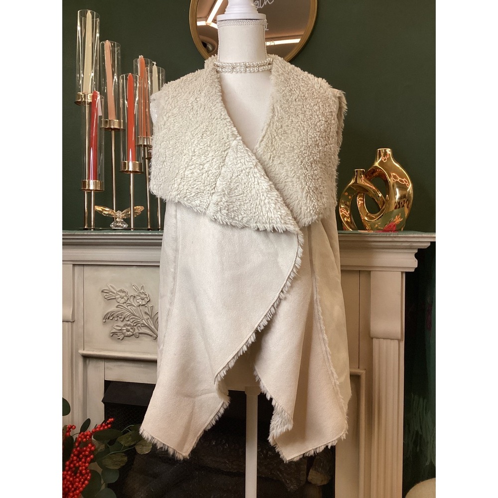 Knox Rose Women's XL Cream Faux Fur Lined Drape Vest Cozy Casual
